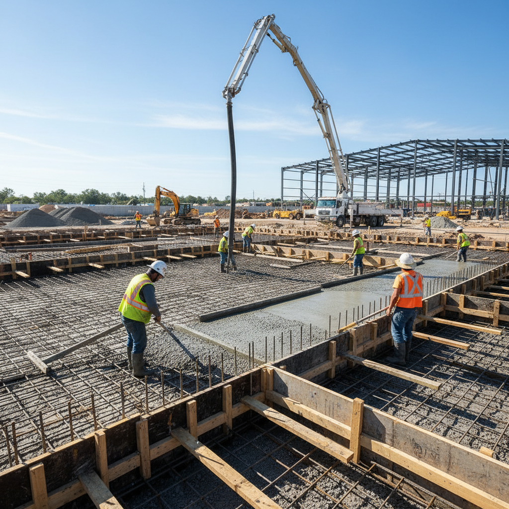 Concrete foundation work for new construction, professional concrete pour, structural integrity, Bakersfield construction