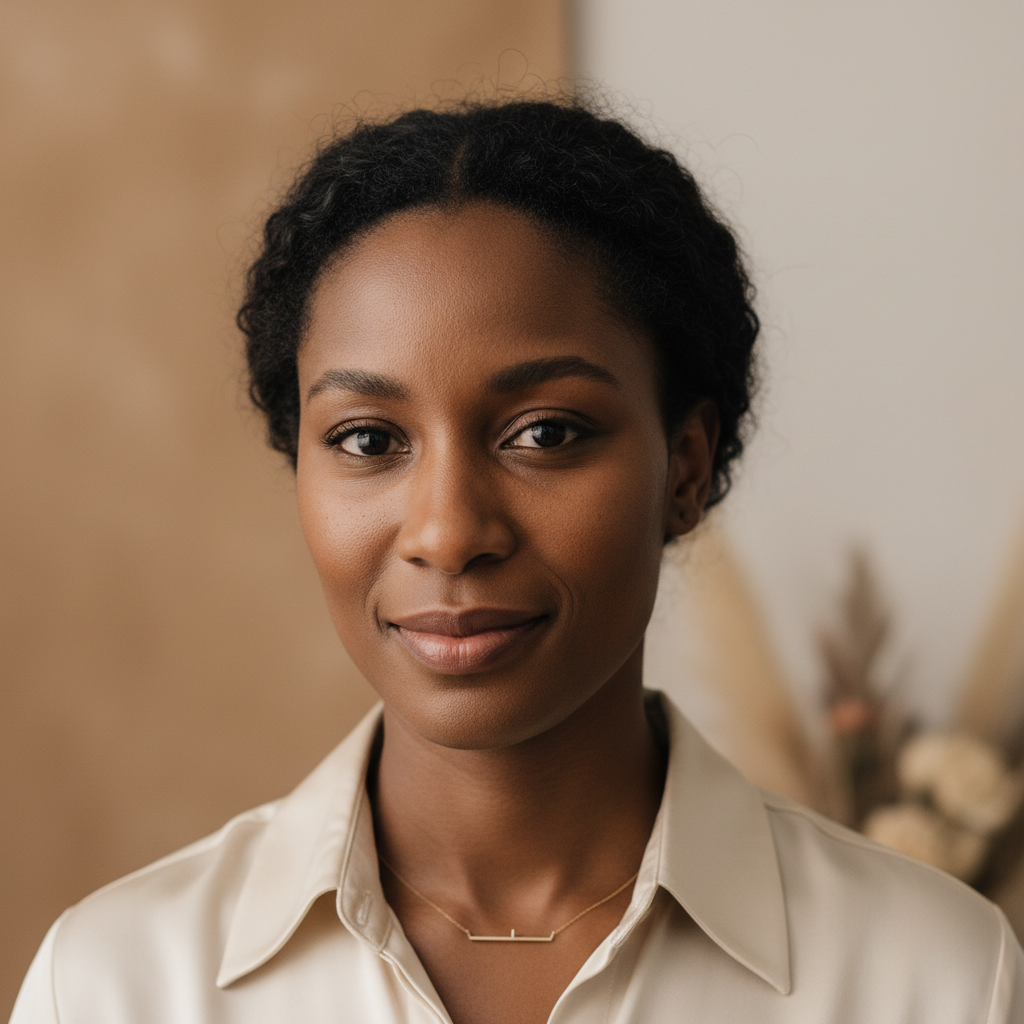 Beautiful Senegalese woman with cosmetic products in bright Dakar studio