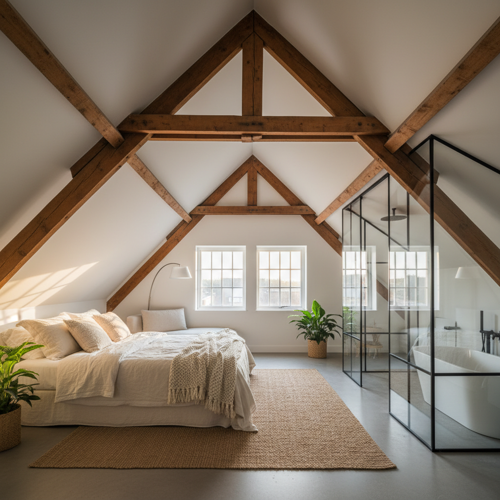 Completed loft conversion interior showing exposed A-frame timbers, double dormer window flooding the room with late-afternoon light, linen bed to the left and ensuite glass partition to the right