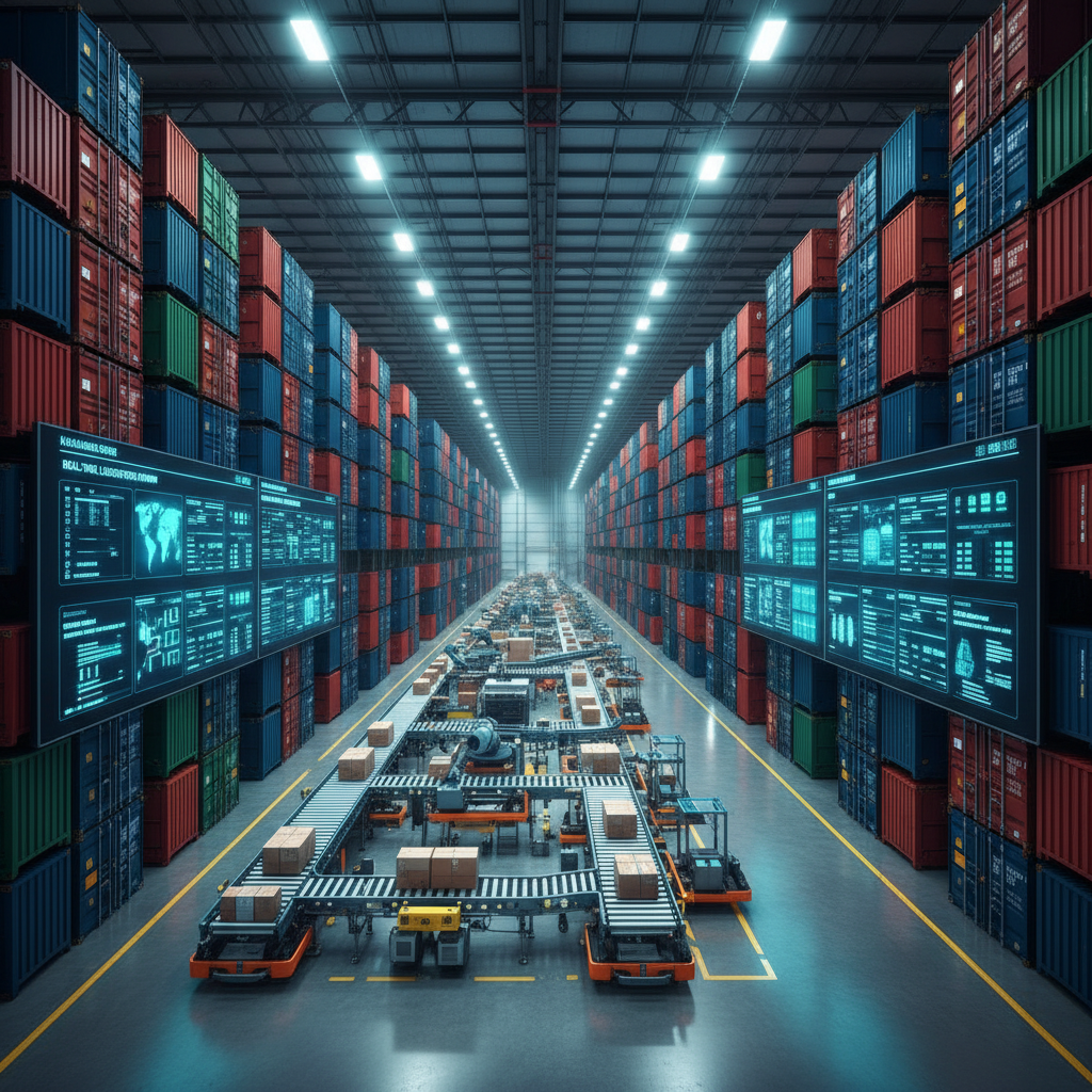 Logistics warehouse with automated systems and conveyor belts