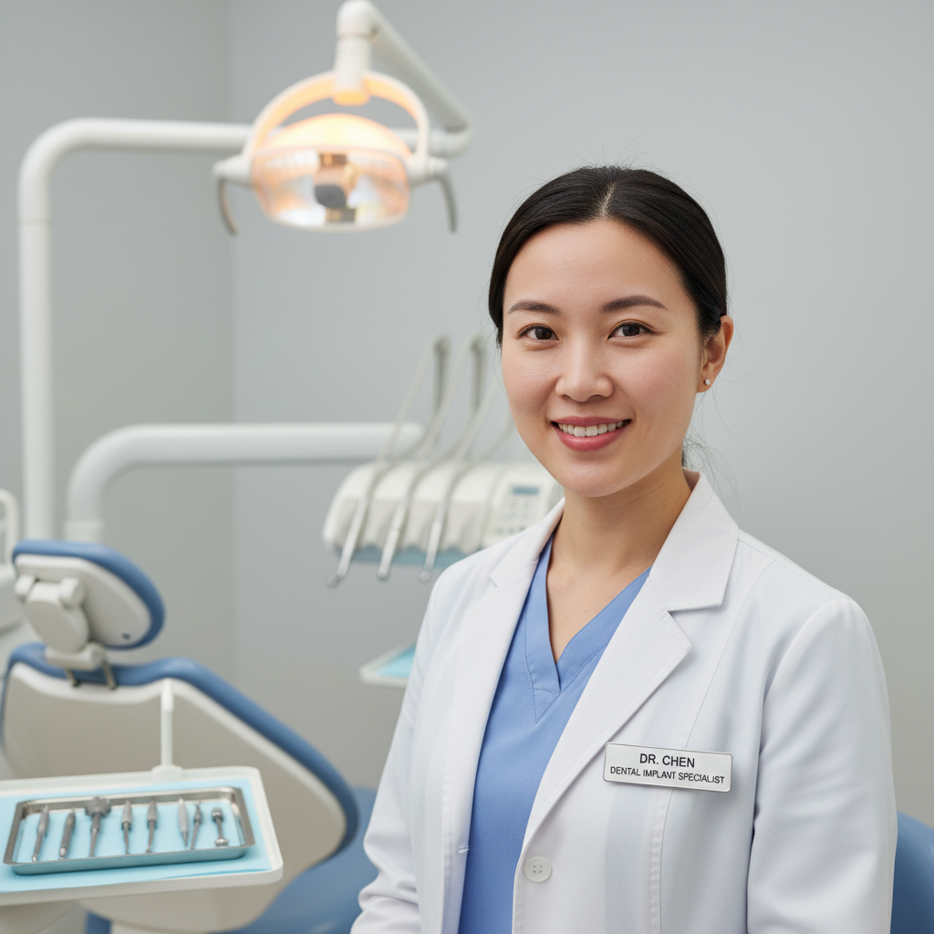 Female dentist in white coat with a warm smile in a modern dental office