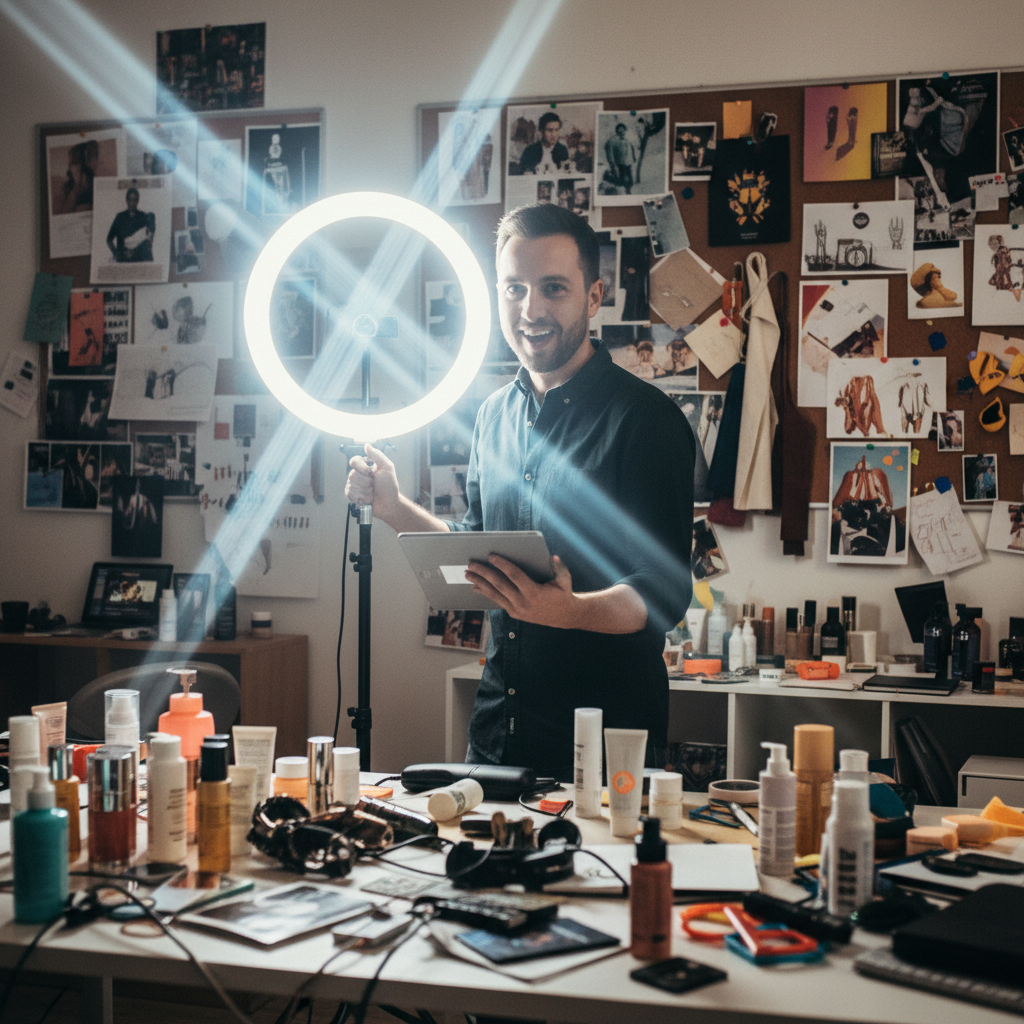 Creator mid-take in chaotic studio with ring light flaring into lens, phone on tripod surrounded by mood boards and product samples