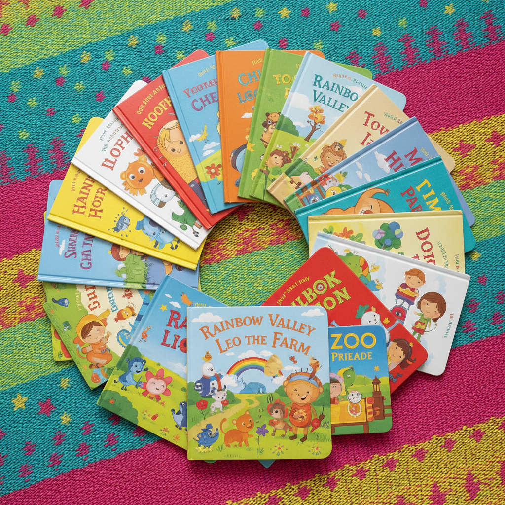 Colorful children's books arranged in a fan shape on a bright patterned blanket