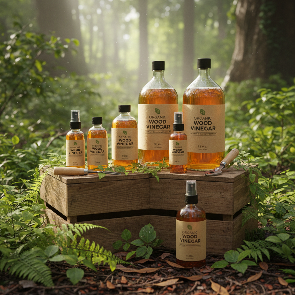 Organic wood vinegar bottles in natural setting, premium natural insecticide and fungicide for sustainable agriculture