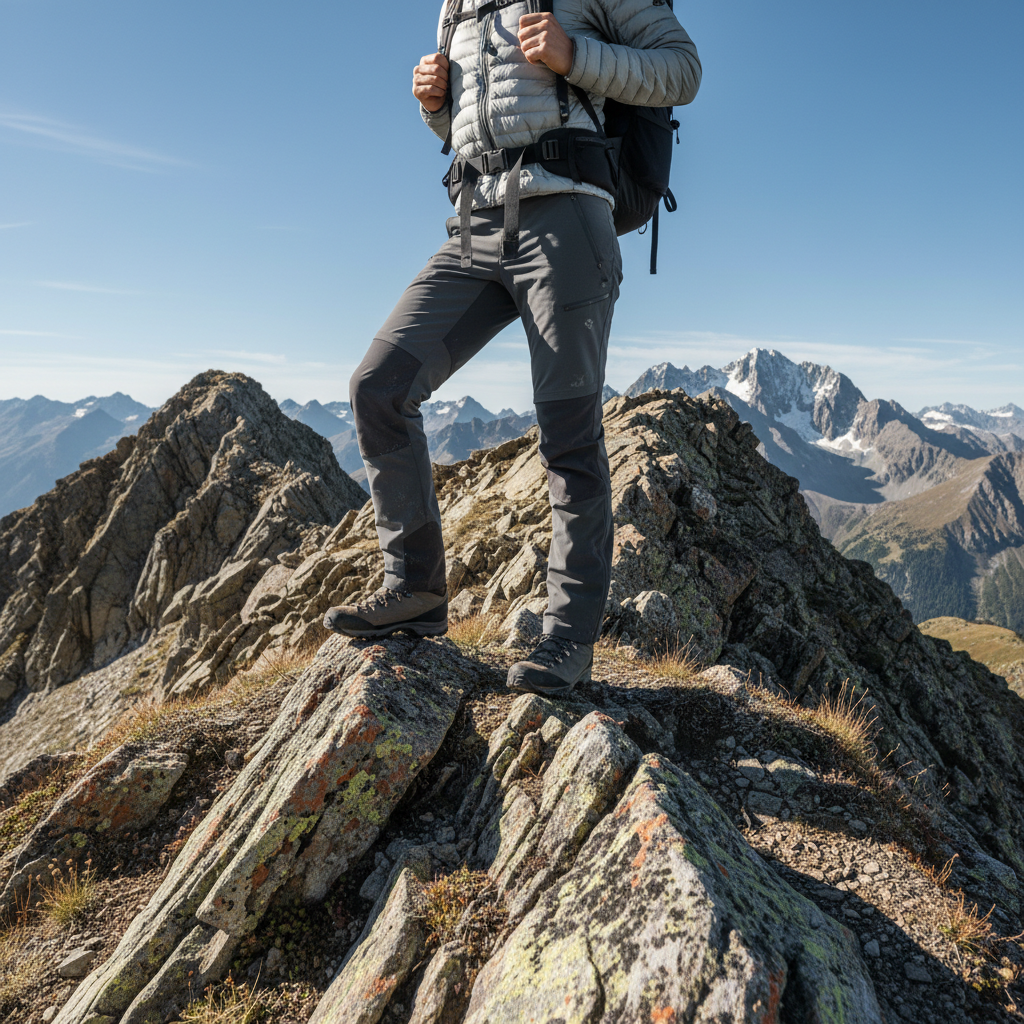 Technical softshell climbing pants in charcoal grey on minimalist white background