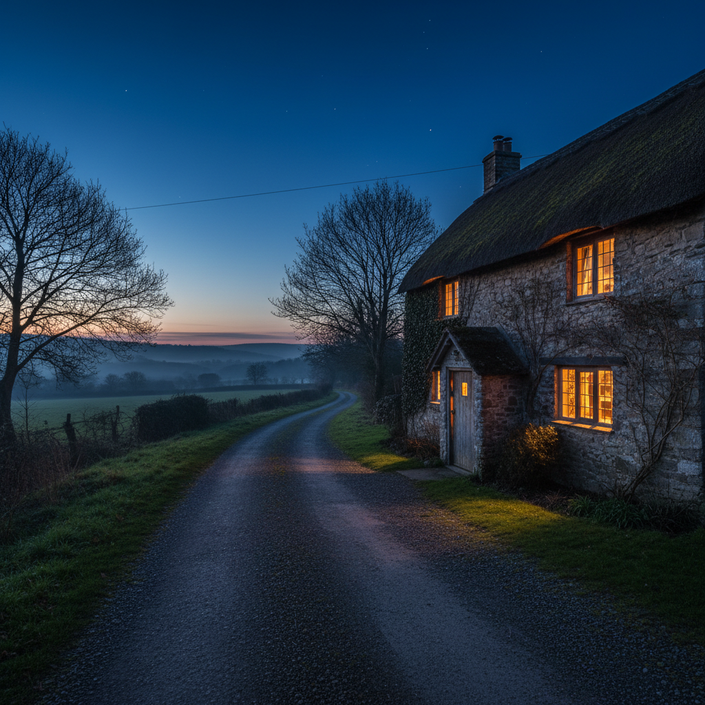 Stone cottage at blue hour, amber windows glowing against a navy sky, gravel lane stretching toward countryside
