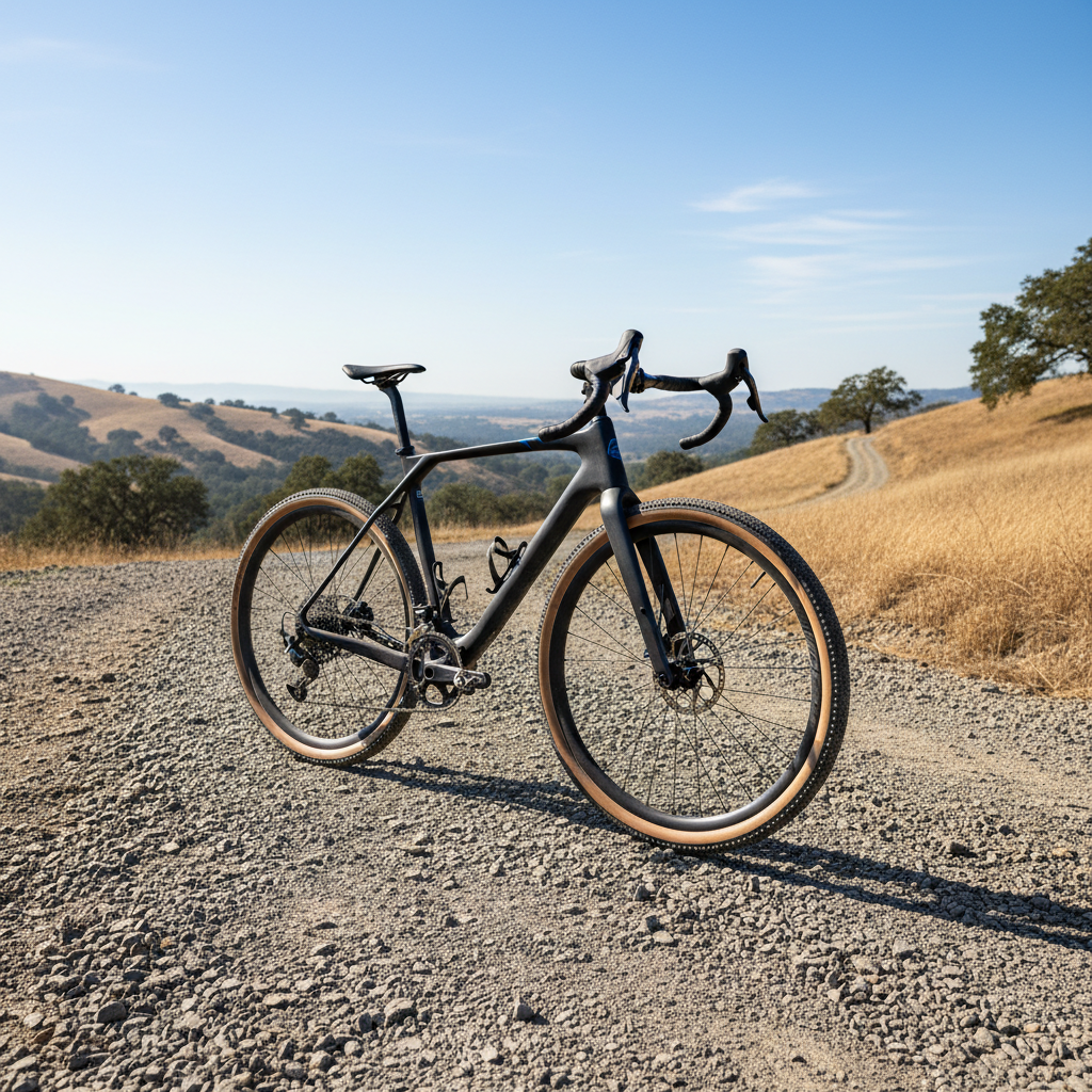 Gravel bicycle build with wide tires and carbon frame on gravel surface