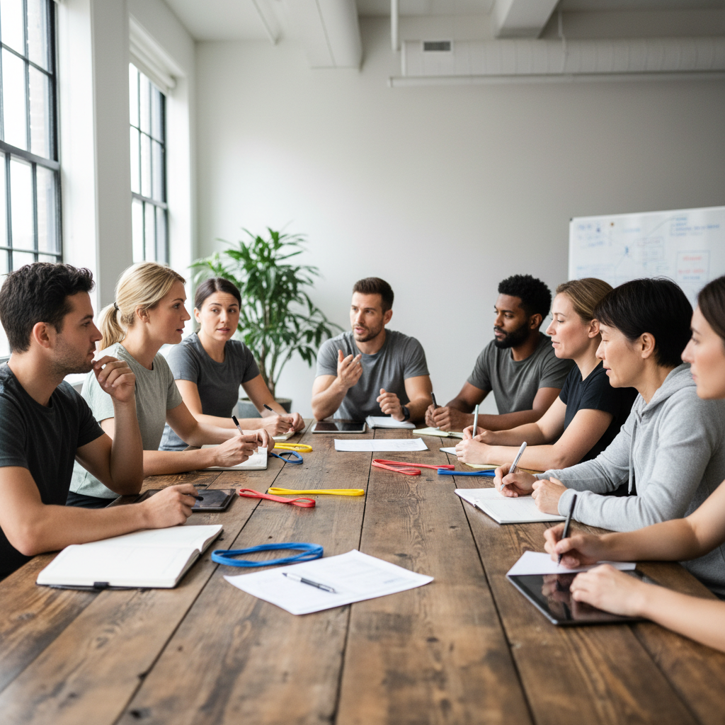 Fitness professionals in a collaborative workshop session around a wooden table