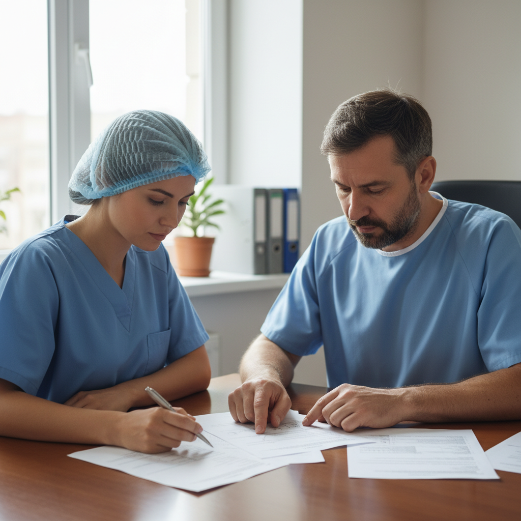 Doctor in medical clinic reviewing health insurance documents with patient
