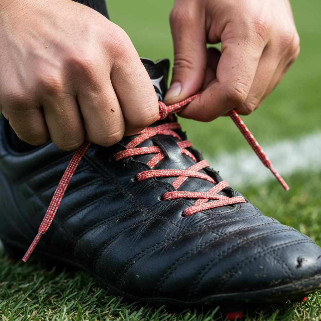 Chaussures de football vues de dessus, lacets noirs