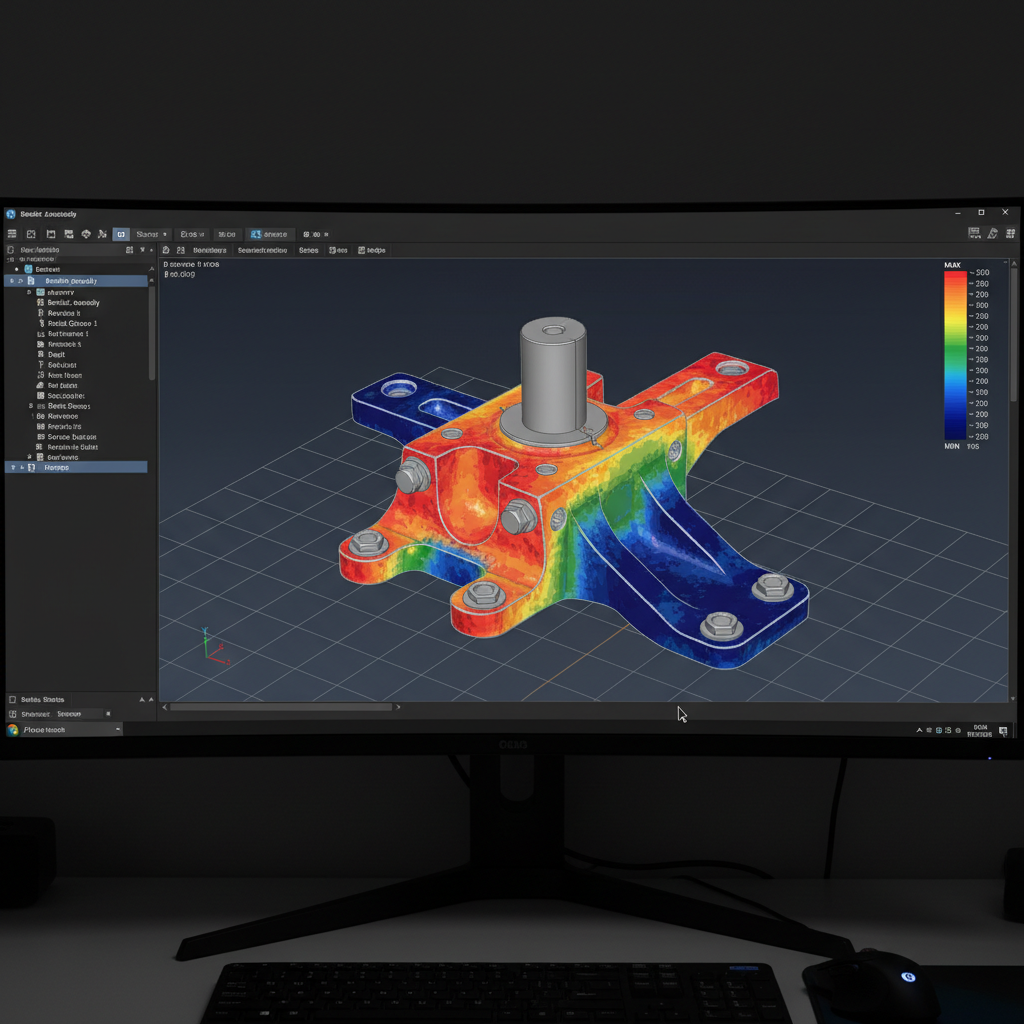 Thermal stress simulation on a mechanical component mid-solve with color gradient
