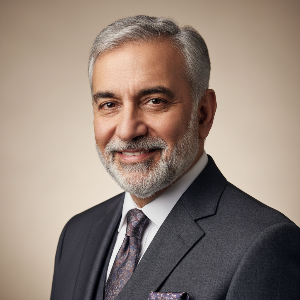 Punjabi businessman with beard, warm smile, light background portrait
