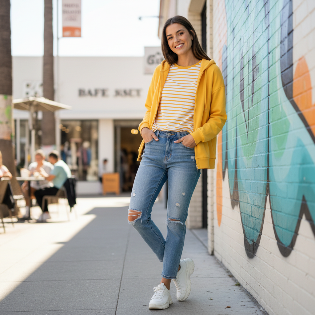 Lifestyle model in natural setting, bright airy lighting, casual confident expression