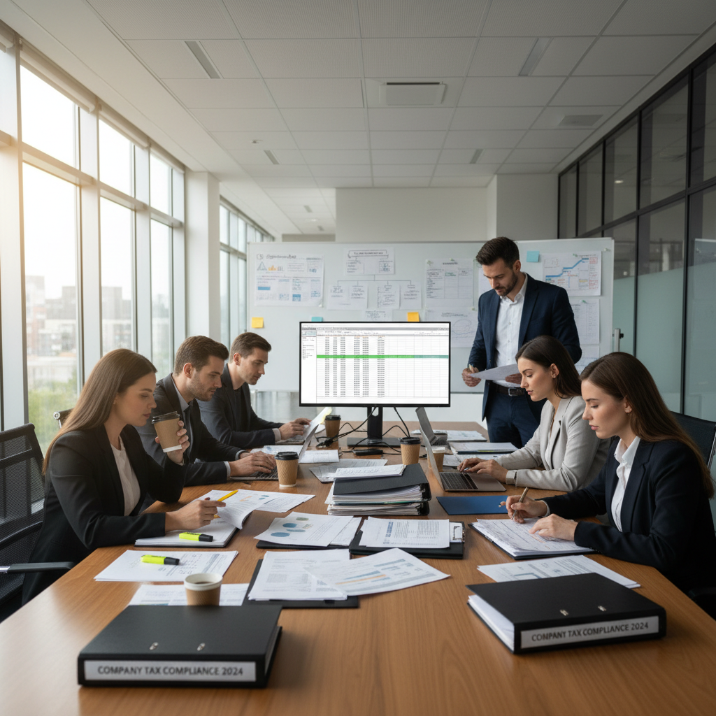 Professional accounting team reviewing financial documents at a desk in a bright modern office, warm natural light, dark wood furniture, authoritative atmosphere