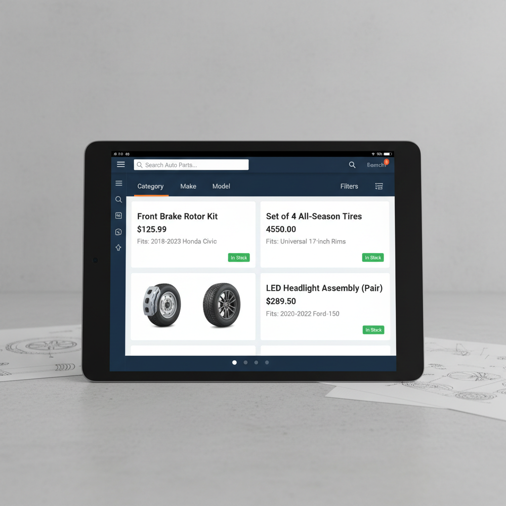 DreamBuild parts marketplace screen showing automotive parts with prices and fitment info