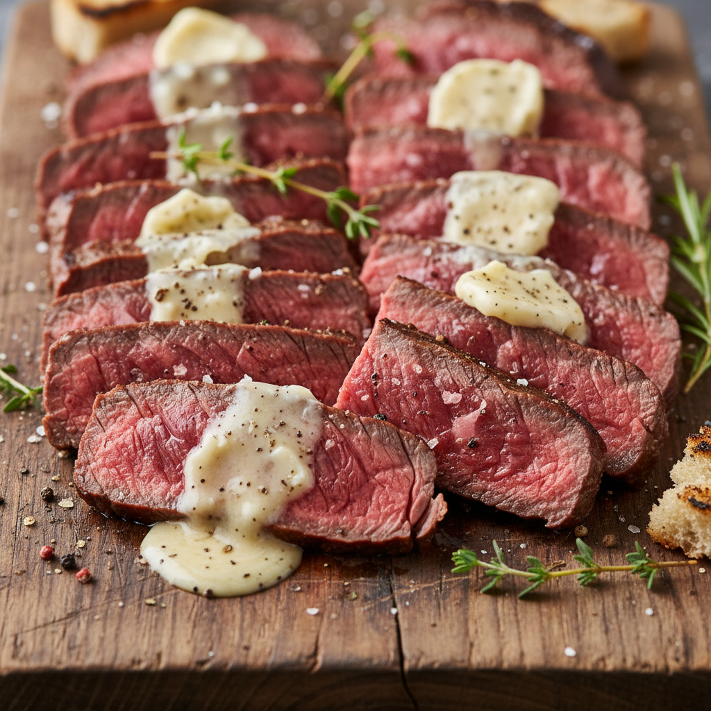 Wagyu slice barely touched by flame, marbling visible as a map
