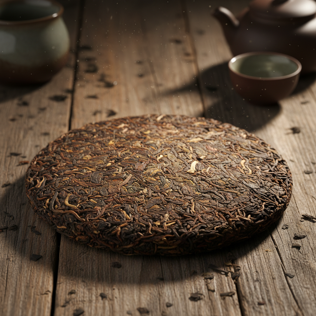 深色木桌上摆放的压制普洱茶饼,表面纹理清晰,茶叶呈深褐色,背景为深绿色调,光线低沉神秘