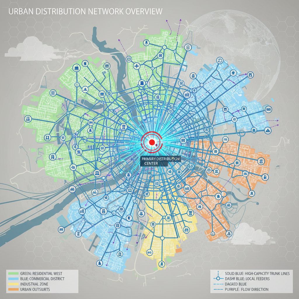 Aerial city map showing distribution network across urban neighborhoods