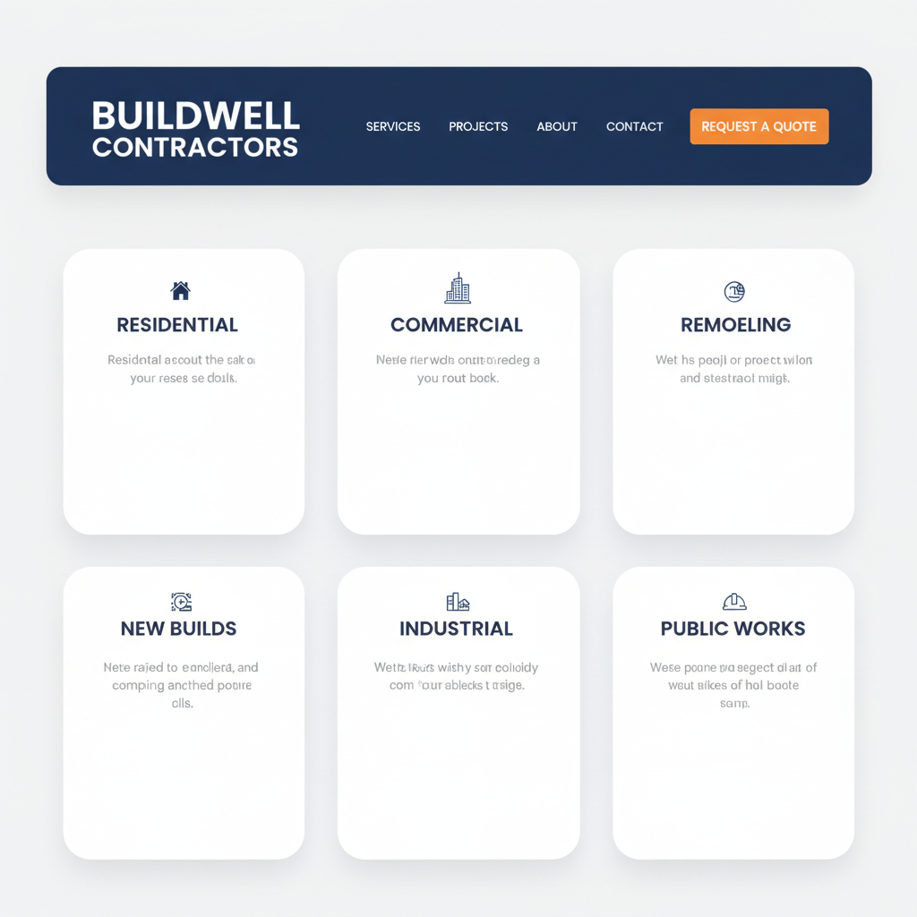 Contractor website with bold navy header, project category cards on light background, bright orange request a quote button