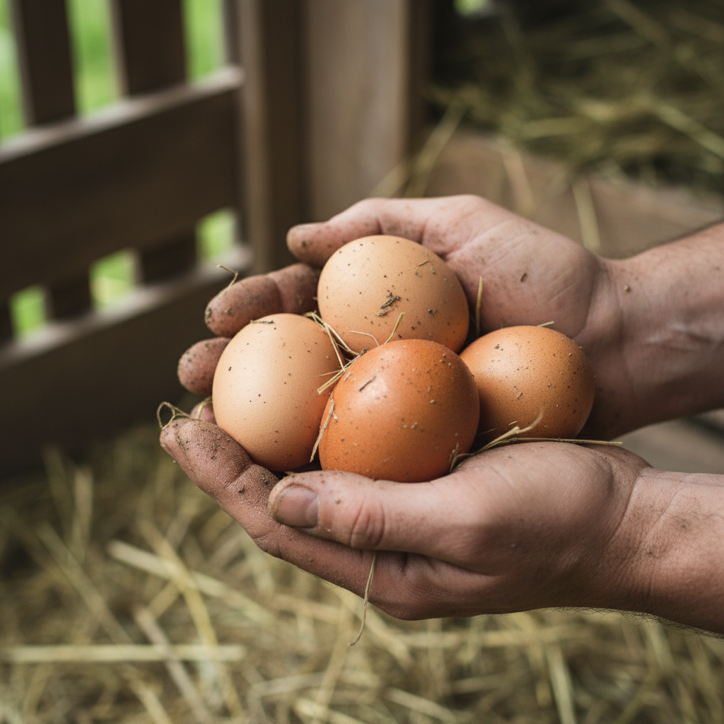 Close-up of brown eggs being held in muddy hands just after collection from nest boxes