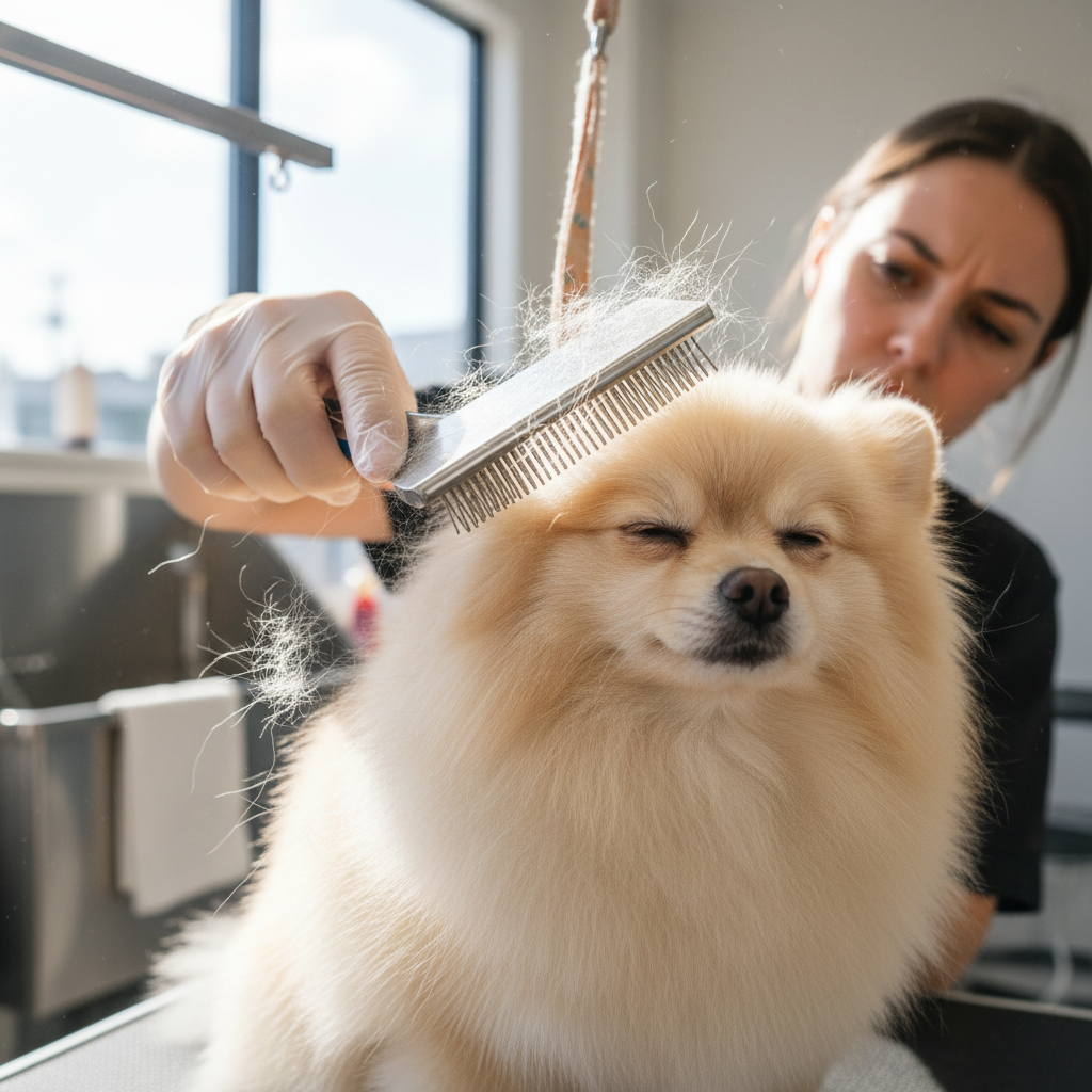 Groomer working through a Pomeranian double coat with a slicker brush, undercoat floating away