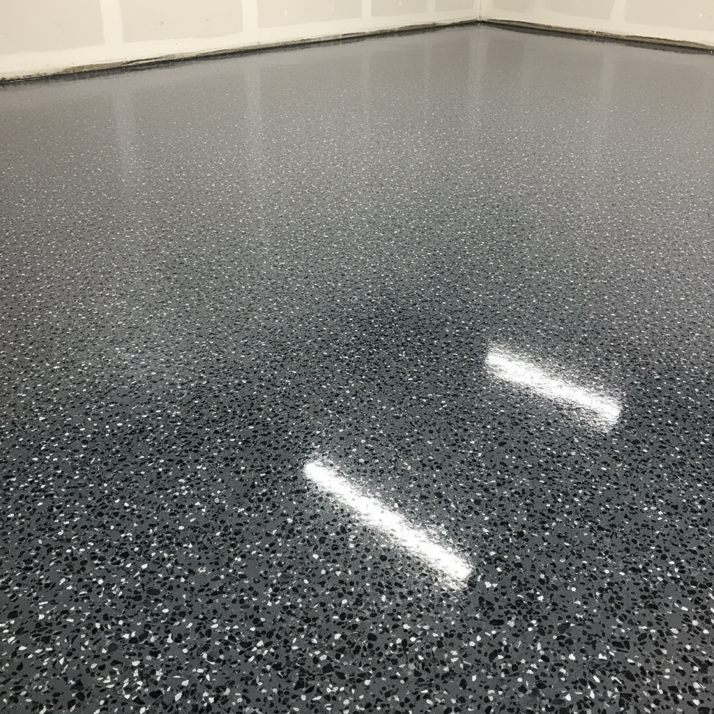 Finished garage floor with protective coating and decorative surface treatment in Louisville