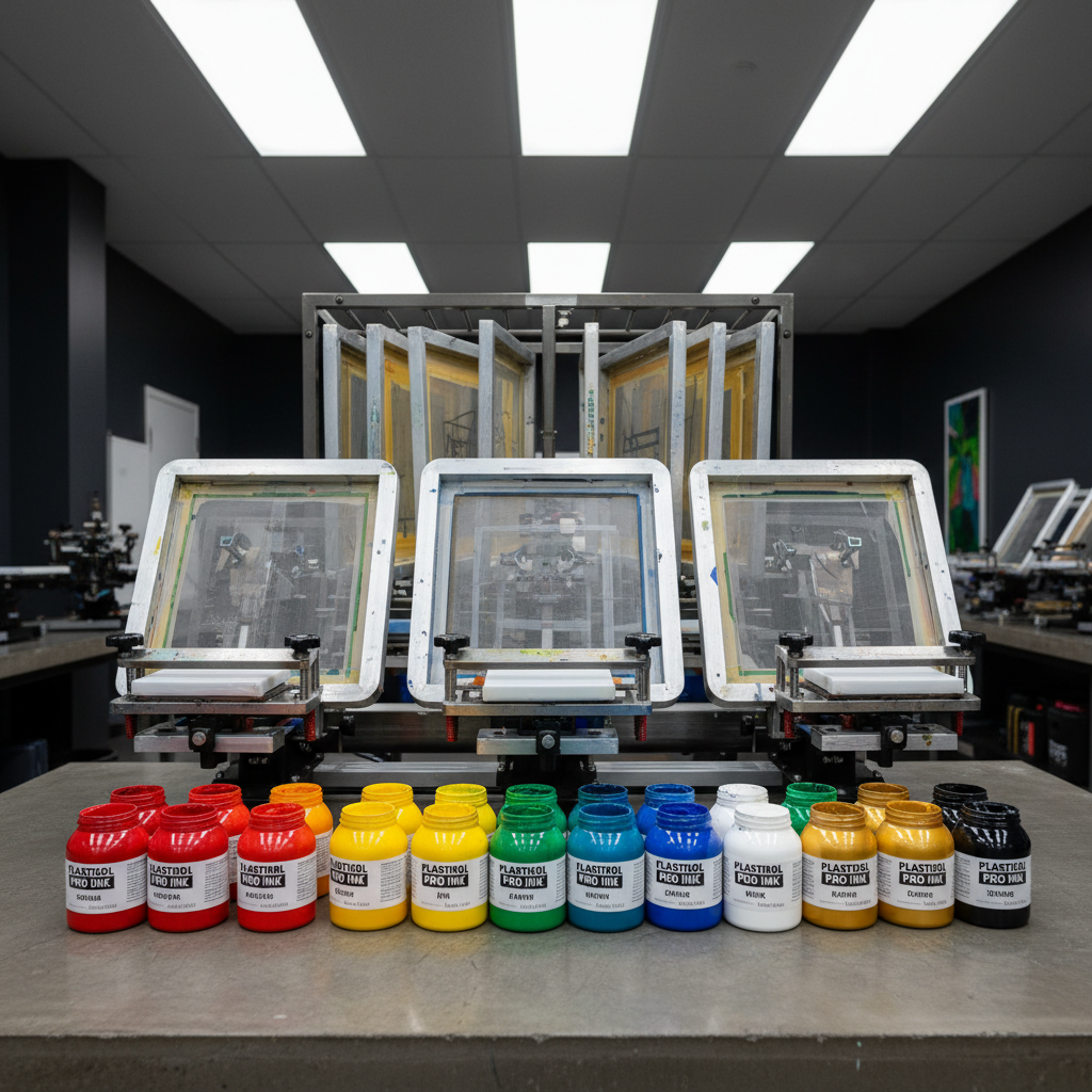 Screen printing studio with multiple color stations and professional equipment