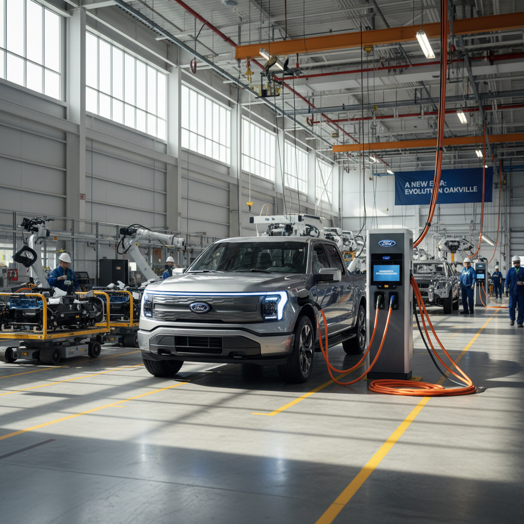 Electric vehicle charging at Ford Oakville Assembly plant representing EV transition in Ontario automotive industry