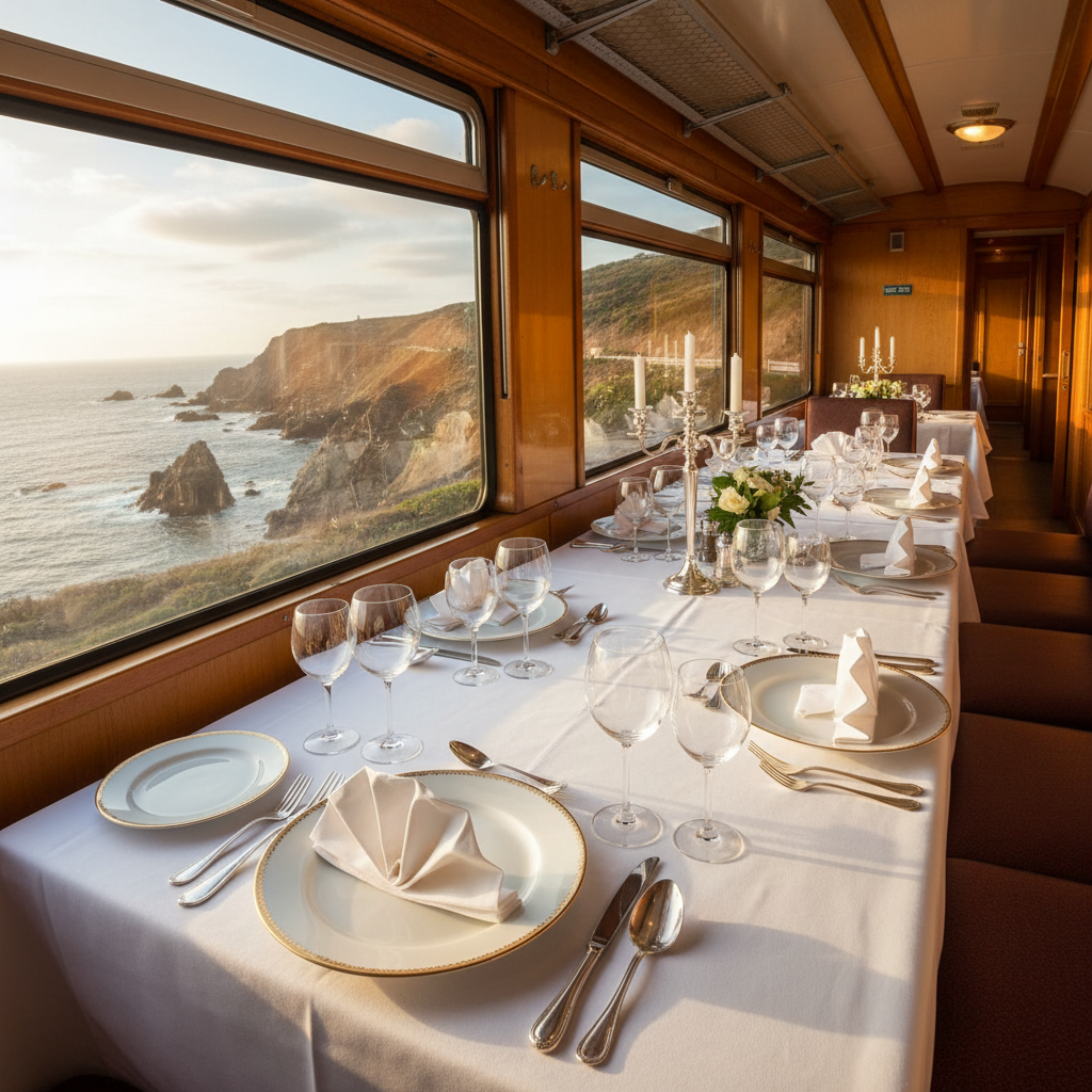 Luxury train dining car interior with warm amber lighting, mahogany paneling, white tablecloths, and crystal glassware in a vintage heritage setting