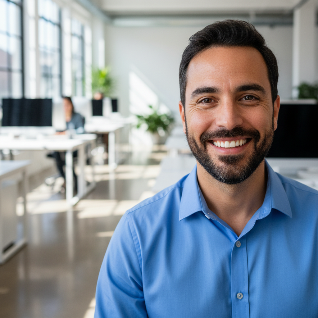 Latino man in his 40s smiling in office environment