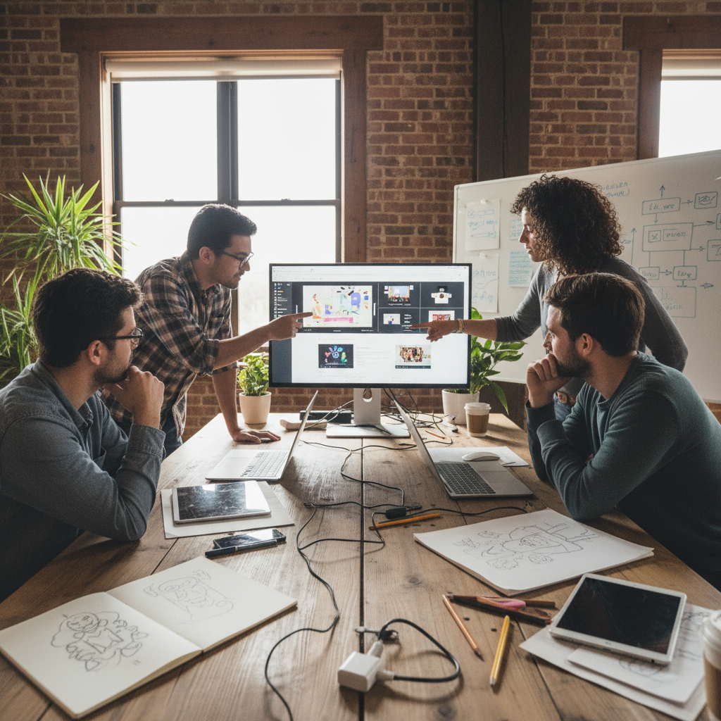 Bright modern office with team reviewing social media content on large screen with colorful post mockups visible