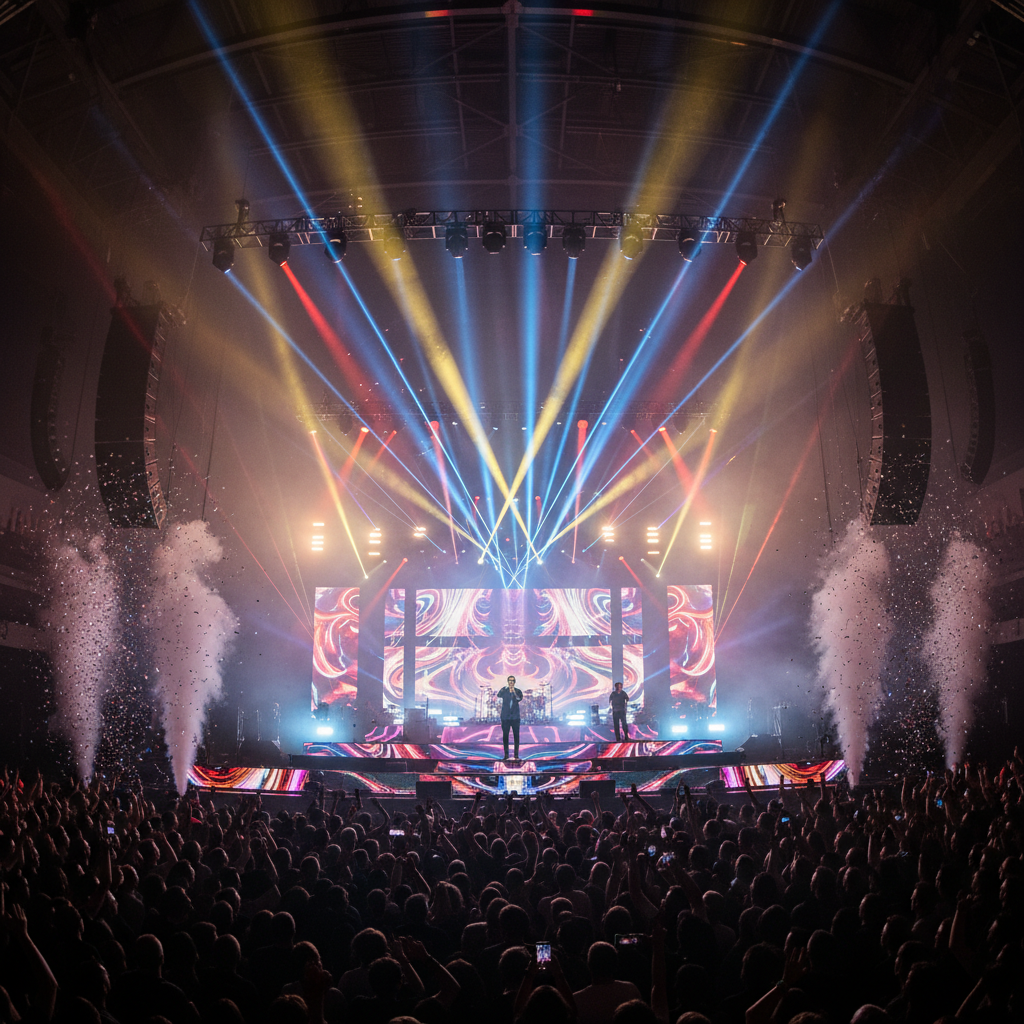 Concert stage with dramatic orbital lighting effects
