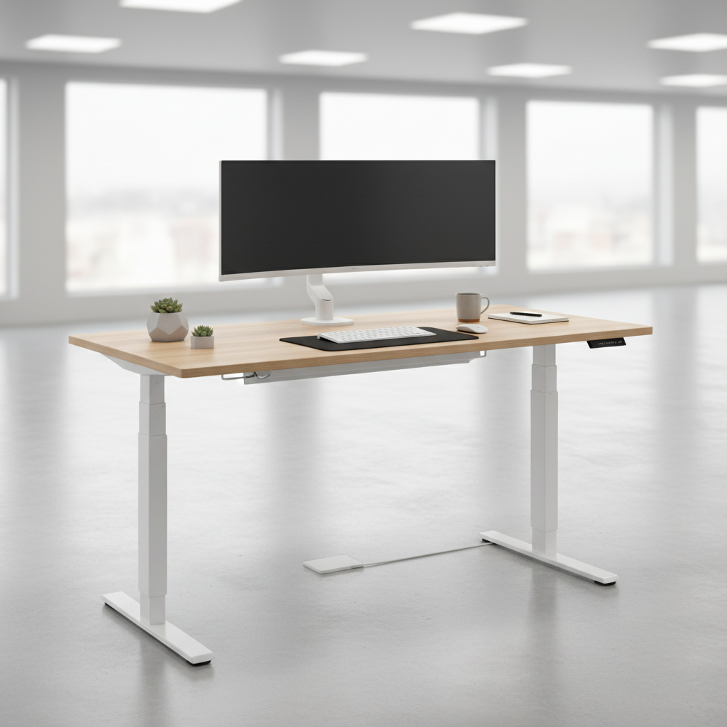 Bright minimalist home office with wooden standing desk and monitor