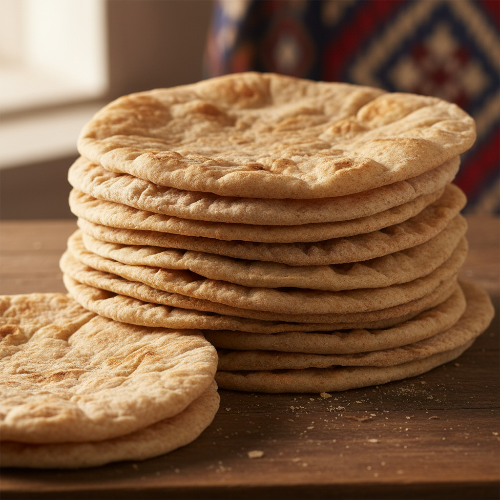 Stack of soft chapati flatbreads on wooden board
