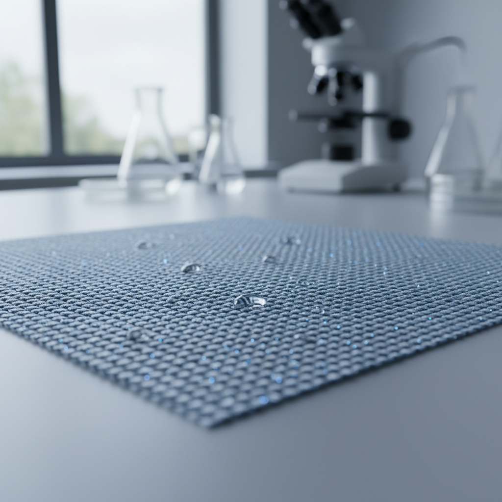 Laboratory microscope view with antimicrobial treated fabric sample on testing surface