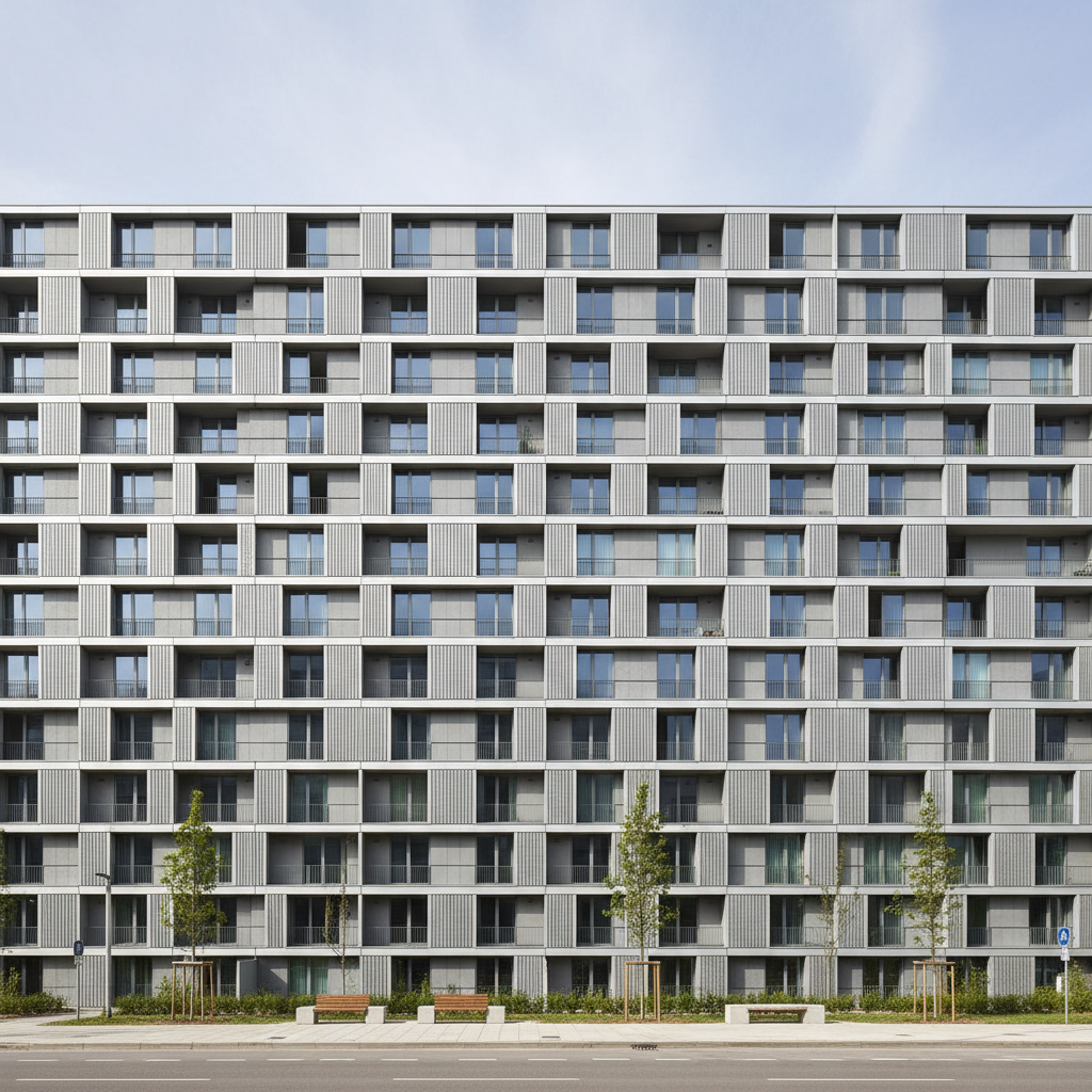 Multi-story prefab apartment building exterior with modular grid facade