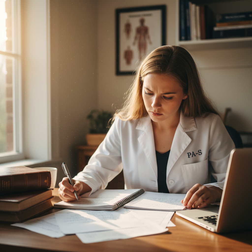 PA student in white coat reviewing notes at desk