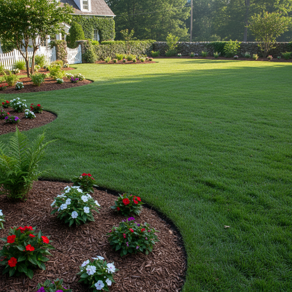Even green lawn with neat edges and mulched garden beds after treatment