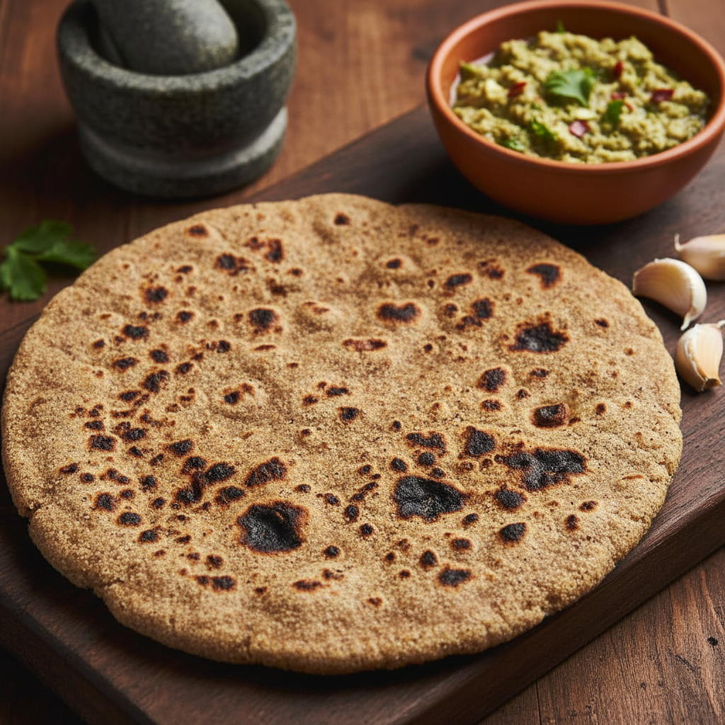 Bajra roti — thick pearl millet flatbread, rough-edged, charred in places, served with raw garlic chutney