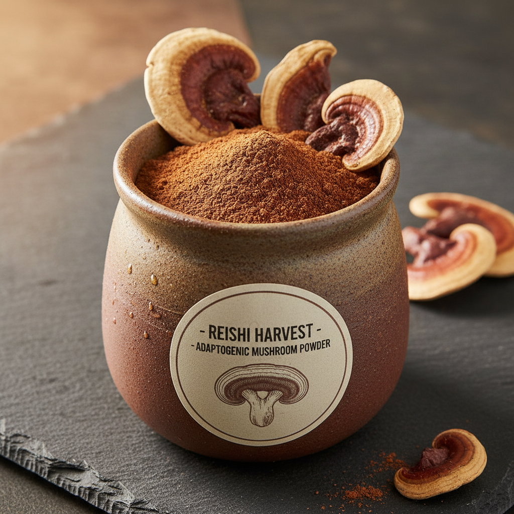 Dark reishi mushroom supplement powder in wooden bowl on natural wood surface, warm earthy lighting