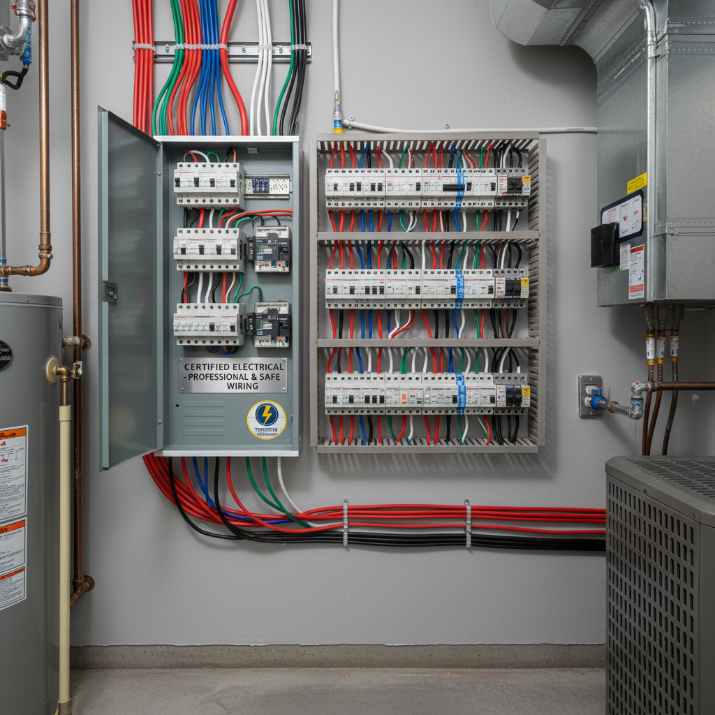 Electrician working on modern electrical panel in well-lit clean utility room, professional tools visible