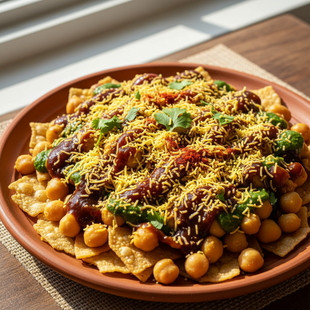 Kashi chaat plate with papdi, chickpeas, vibrant tamarind chutney and sev, bright natural daylight, colorful vibrant food photography