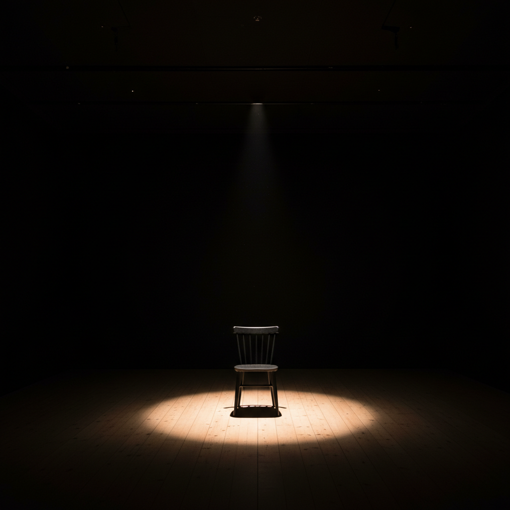 Minimalist black box theater set with a single chair, bare wood floor, and one tight spotlight creating a pool of amber light