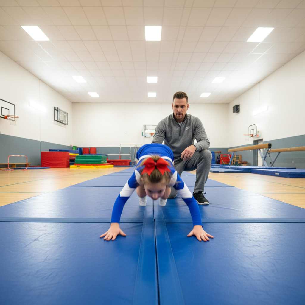 Young gymnast doing a forward roll on a soft mat, coach watching nearby