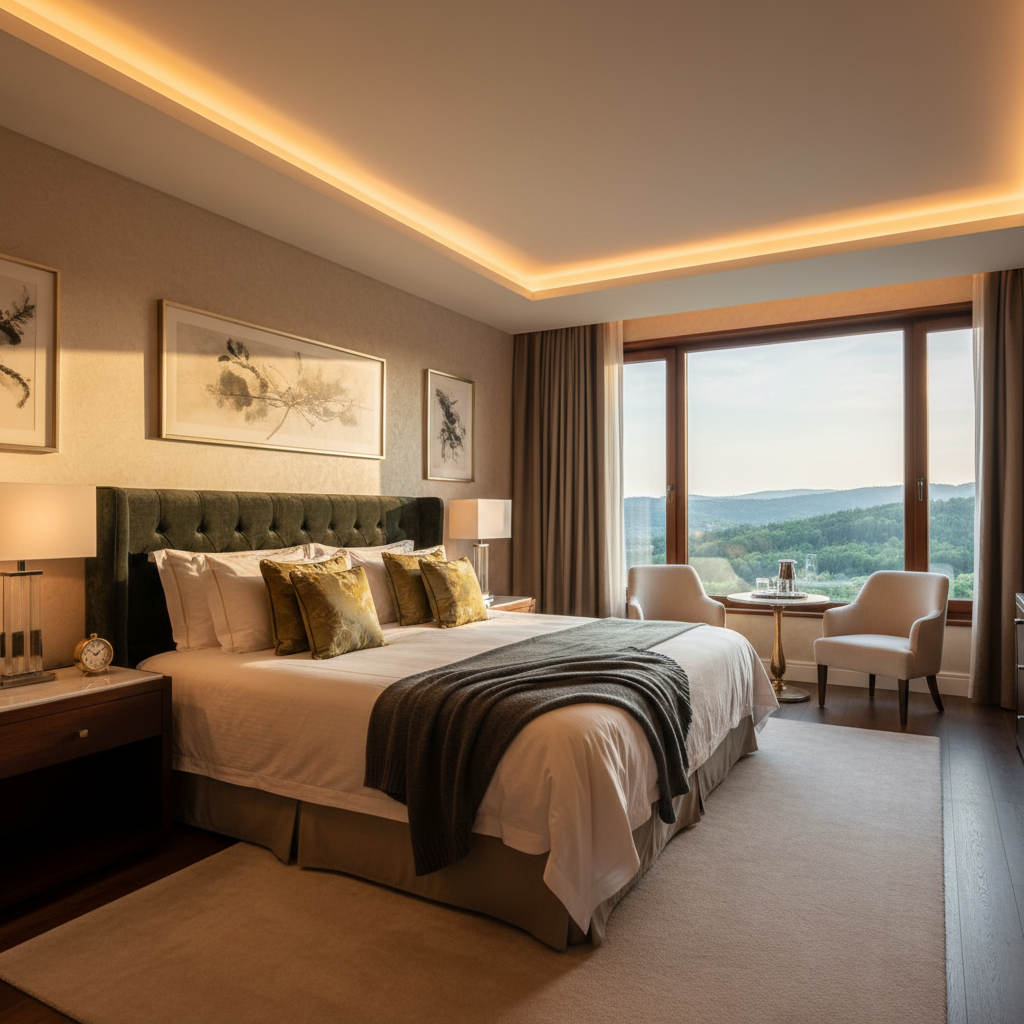 Elegant hotel room with soft green accents, white linen bedding, dark wood furniture, warm ambient lighting, minimalist luxury