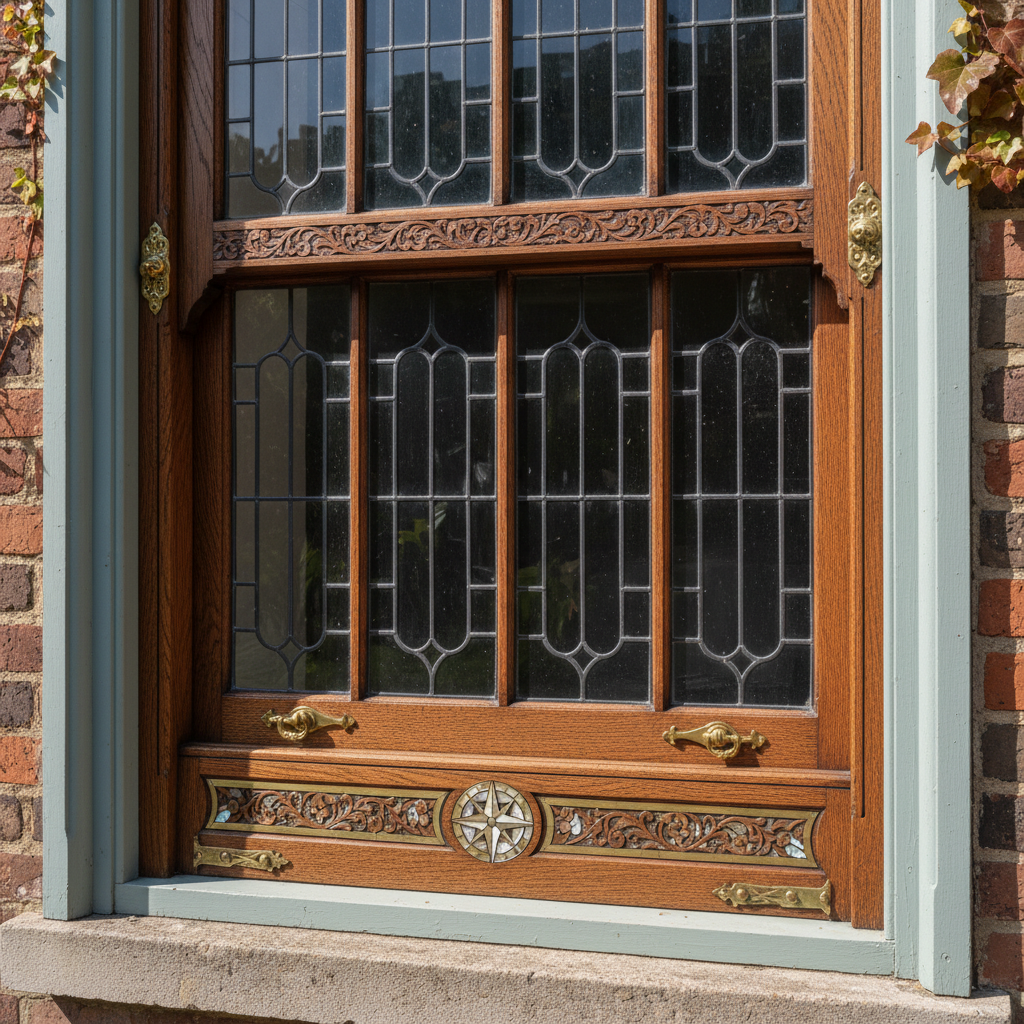 Close-up of original Prairie Style art glass window being carefully restored in an Oak Park Illinois heritage home