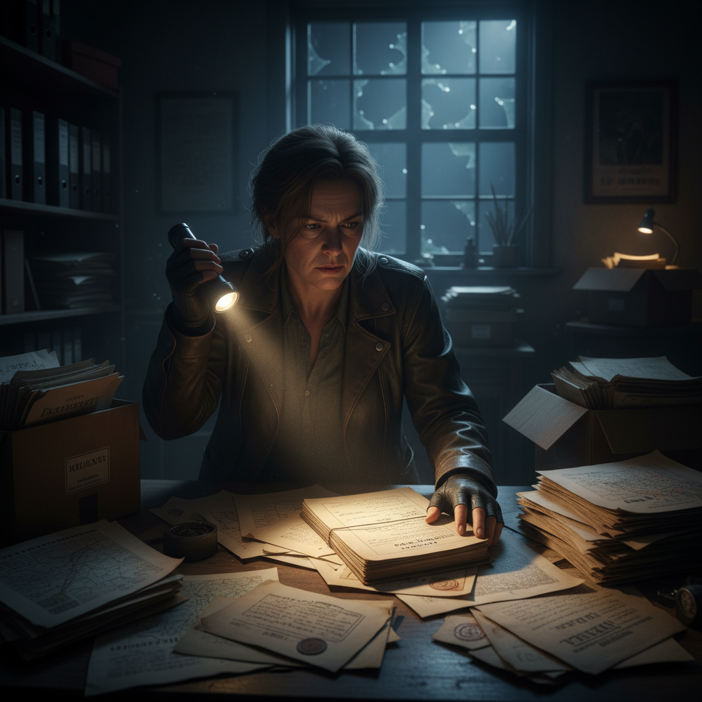 Flashlight beam in dark room, deep shadows, minimal lighting, investigative tone