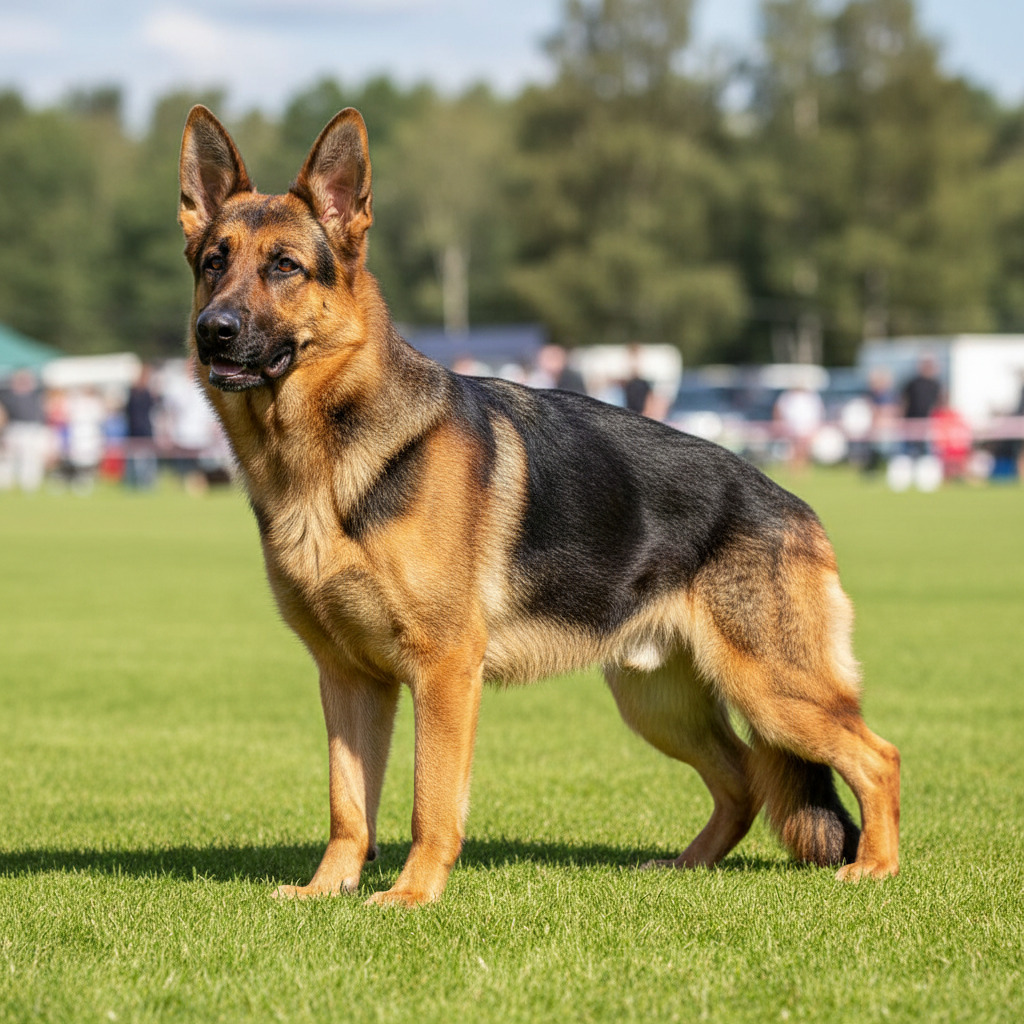 German Rottweiler standing in show stance, powerful blocky head and correct conformation
