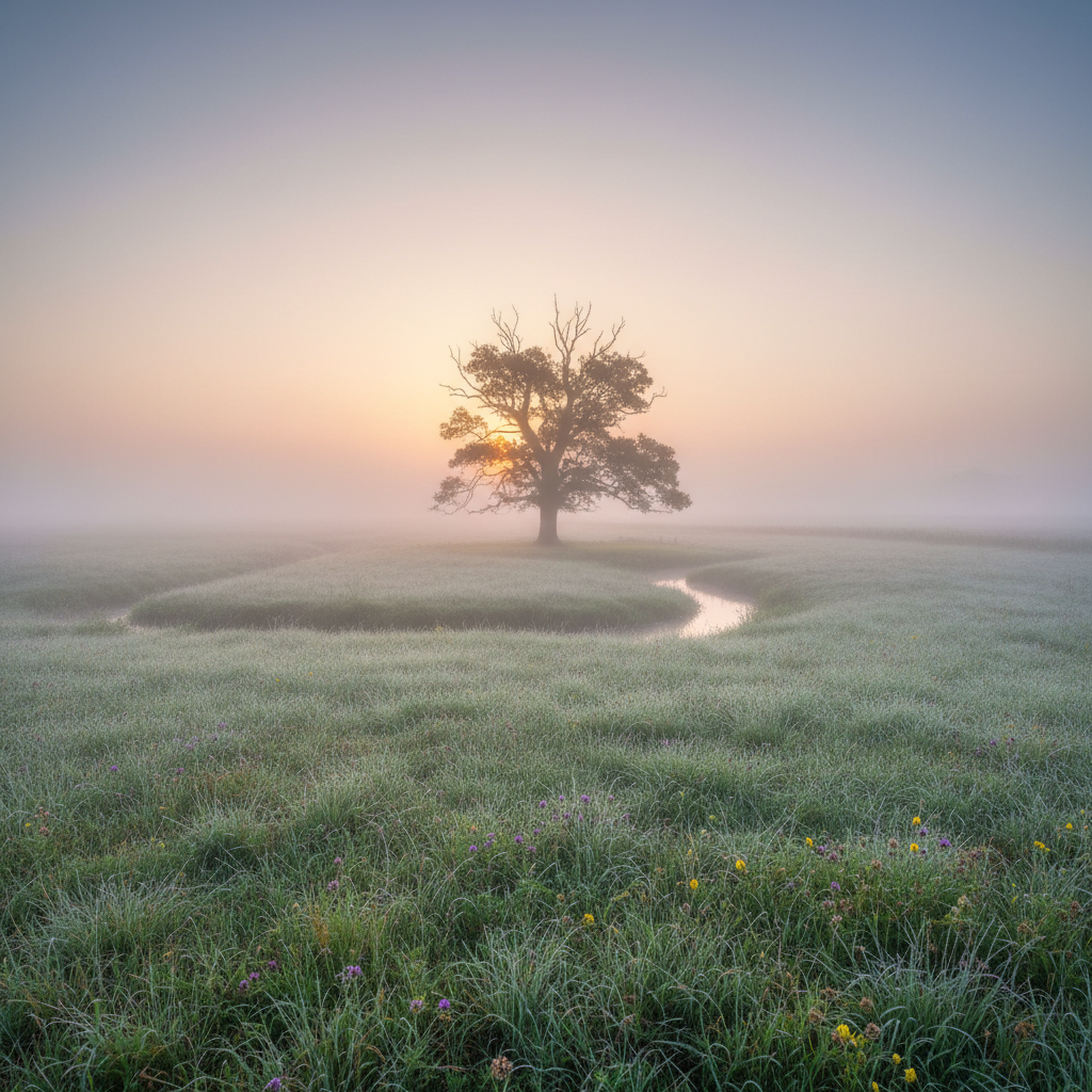 Misty meadow at dawn, solitary and still, photographed by Maya after months of not shooting, muted greens and silvers