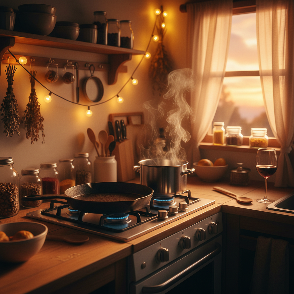 Warm kitchen scene with hands preparing soul food, steam rising from cast iron skillet